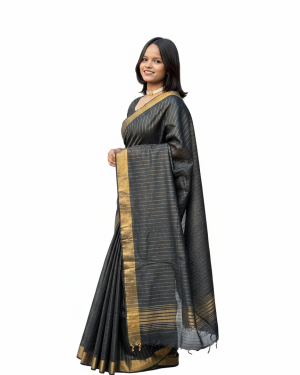 Midnight Black Golden Zari Handloom Silk Saree